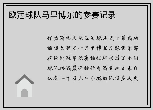 欧冠球队马里博尔的参赛记录