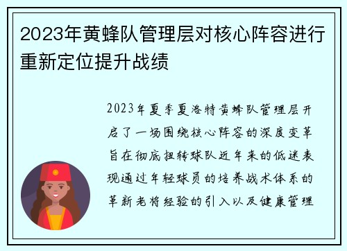 2023年黄蜂队管理层对核心阵容进行重新定位提升战绩